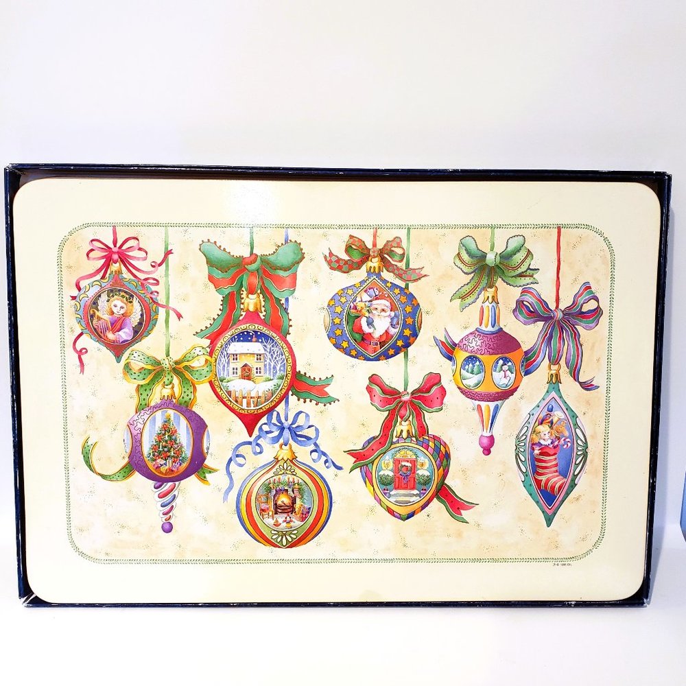 1995 Pennyroyal Christmas Ornaments Placemats Set of 4 Cork Melamine w/Box